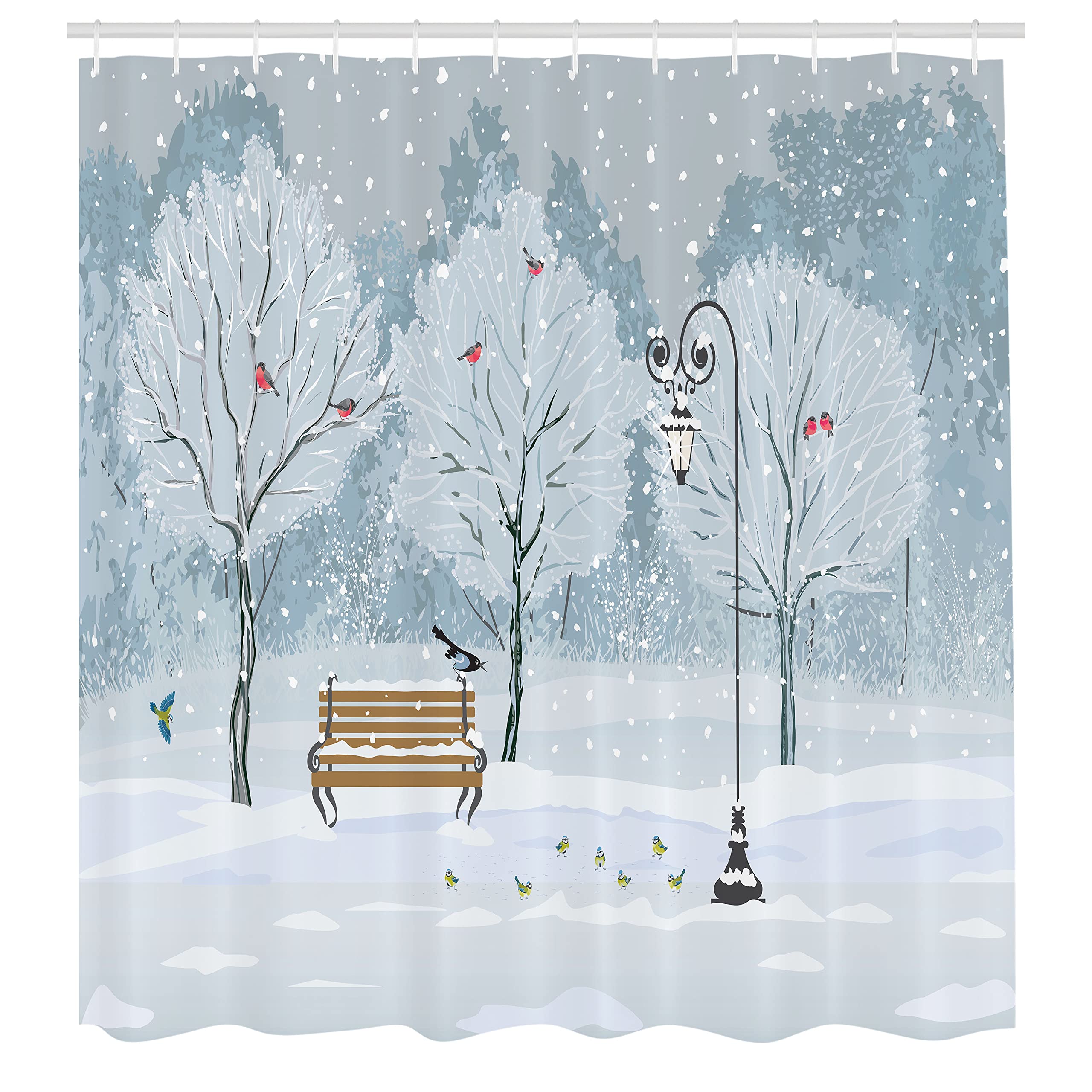 Ambesonne Christmas Shower Curtain, Snow Falling In The Park On A Cold Winter Day Birds Xmas Season Theme Picture, Cloth Fabric